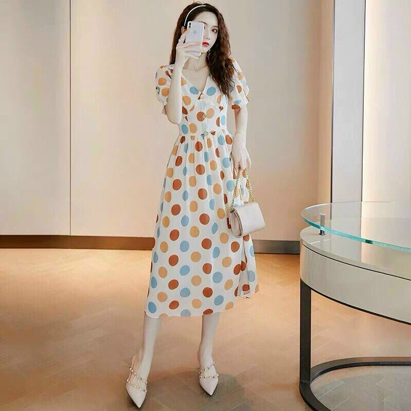 ĐẦM công sở dự tiệc XOÈ BI MÀU CỔ V TAY PHỒNG thời trang Hàn Quốc