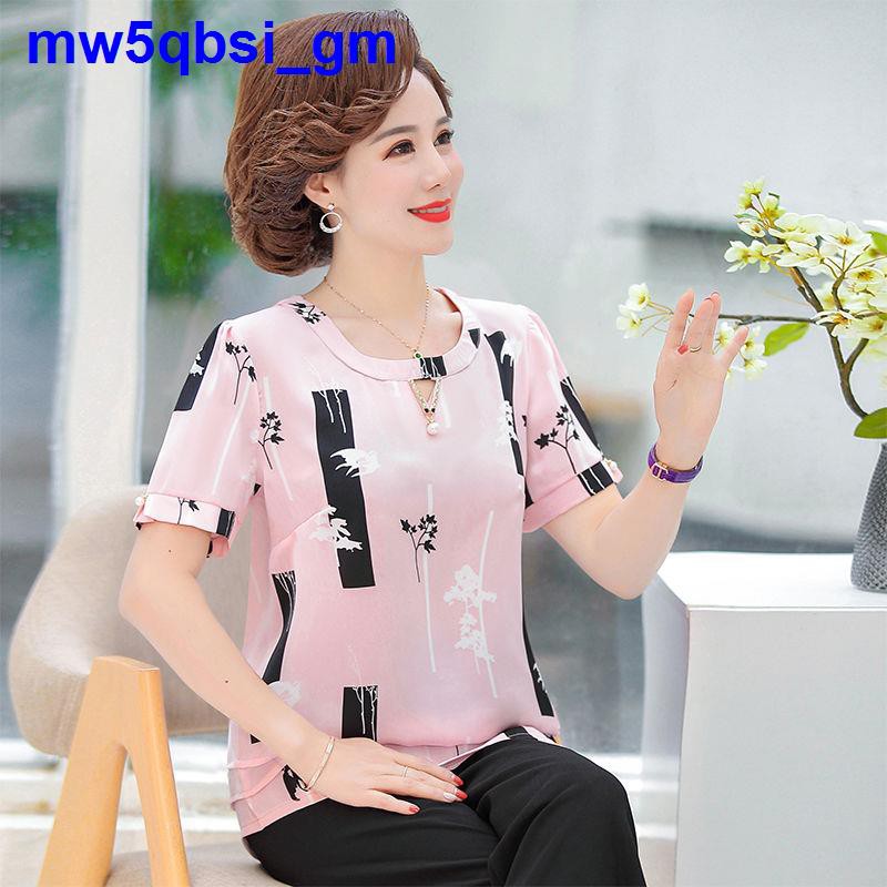 Mom mùa hè ngắn tay phong cách phương tây của phụ nữ trung niên và cao tuổi 40-50 t -Áo sơ mi nhỏ 2021 Áo voan t