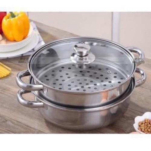 Nồi hấp inox 2 tầng kèm lẩu - vung kính 28cm