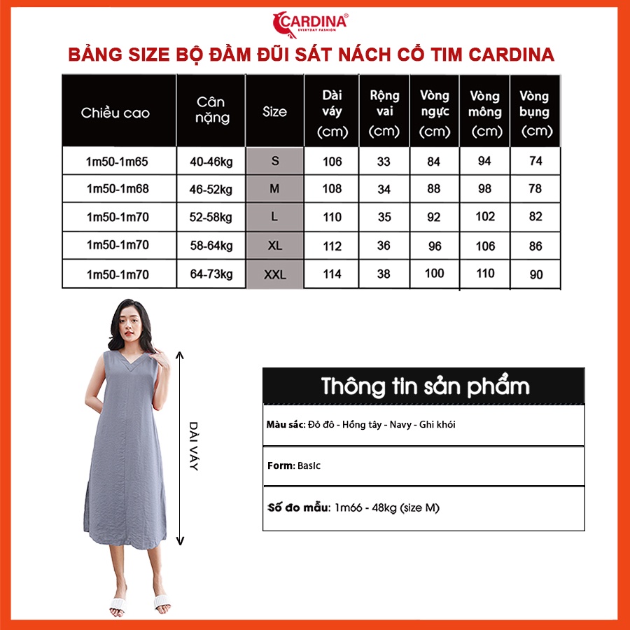 Đầm nữ CARDINA chất đũi cao cấp cổ tim dáng suông xẻ hai bên phong cách hiện đại 2VD04