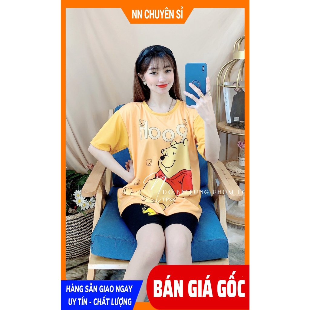 Đồ bộ thun lửng phom to cho nữ mặc nhà chất vải mềm mịn loang màu in hoạt hình dễ thương TP88