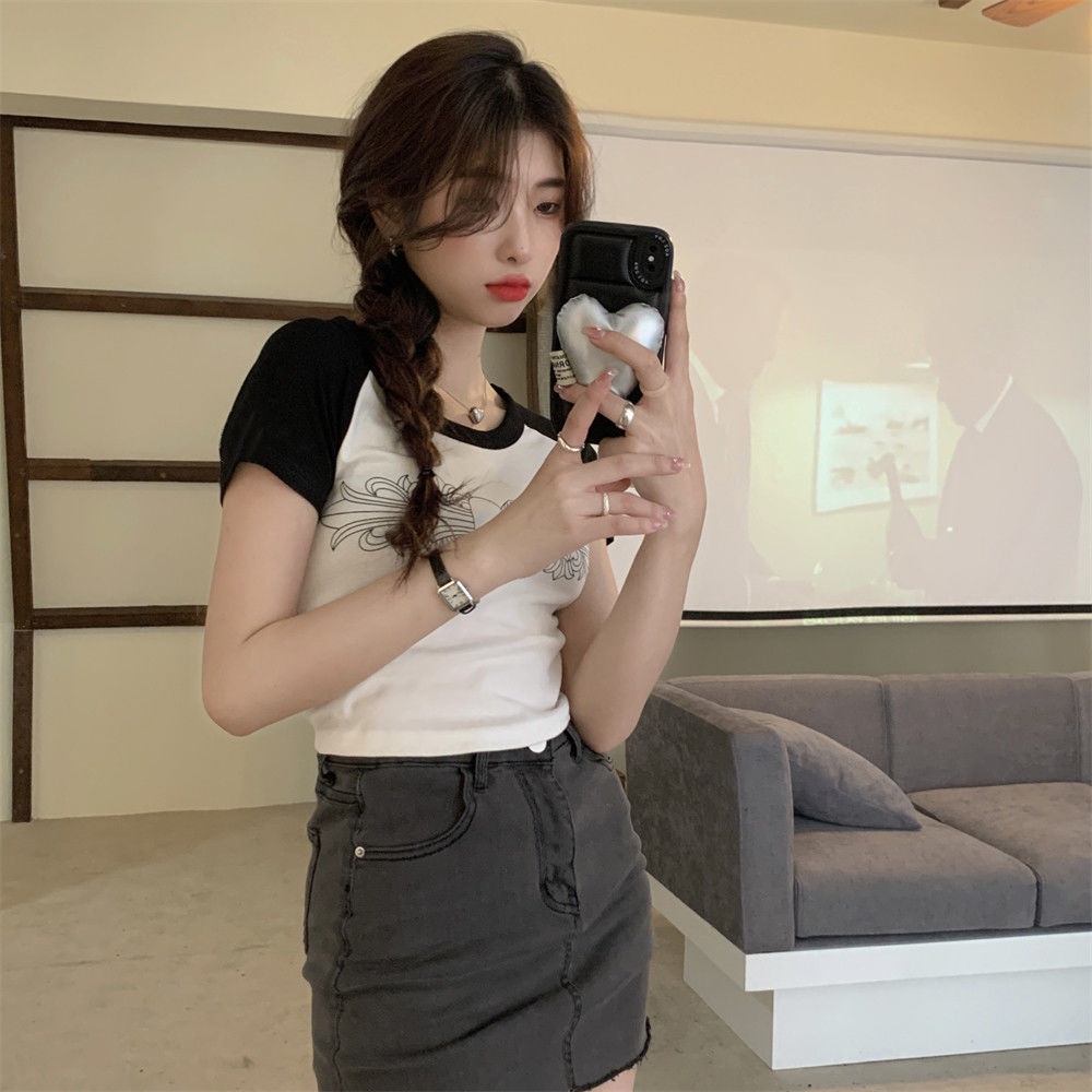 Áo Thun Tay Ngắn Màu Sắc Tương Phản Phong Cách Retro Kiểu Mỹ