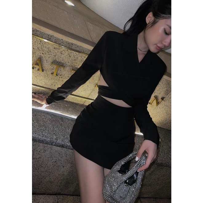 SÉT CROP VEST DÂY CHÉO EO + CHÂN VÁY