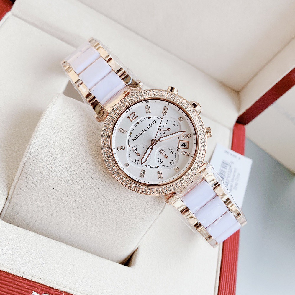 Đồng Hồ Michael Kors Nữ MK5774 Dây Kim Loại Vàng Hồng Xen Acetate Màu Trắng Size 39mm Chính Hãng