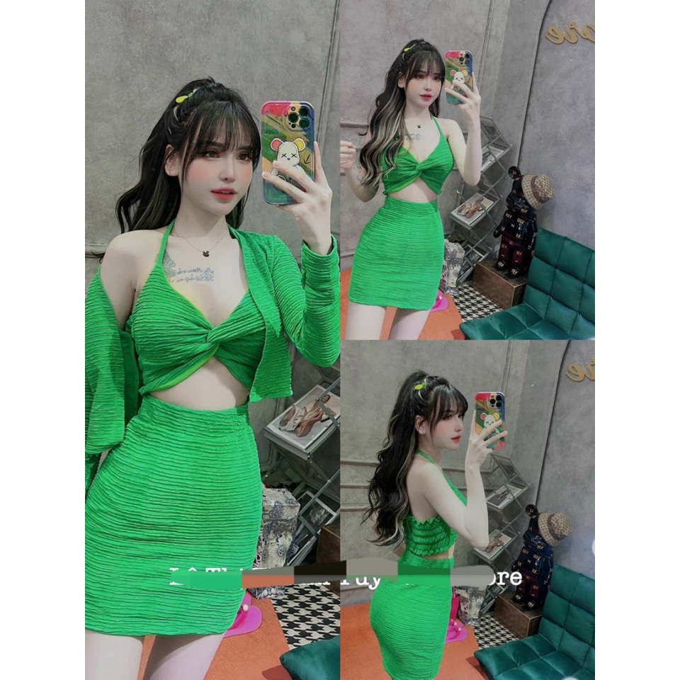Sét bộ đi chơi,sét 3 món gồm áo khoác ngoài dài tay ,áo bra và chân váy cực xinh chất thun xốp kim cương y mẫu