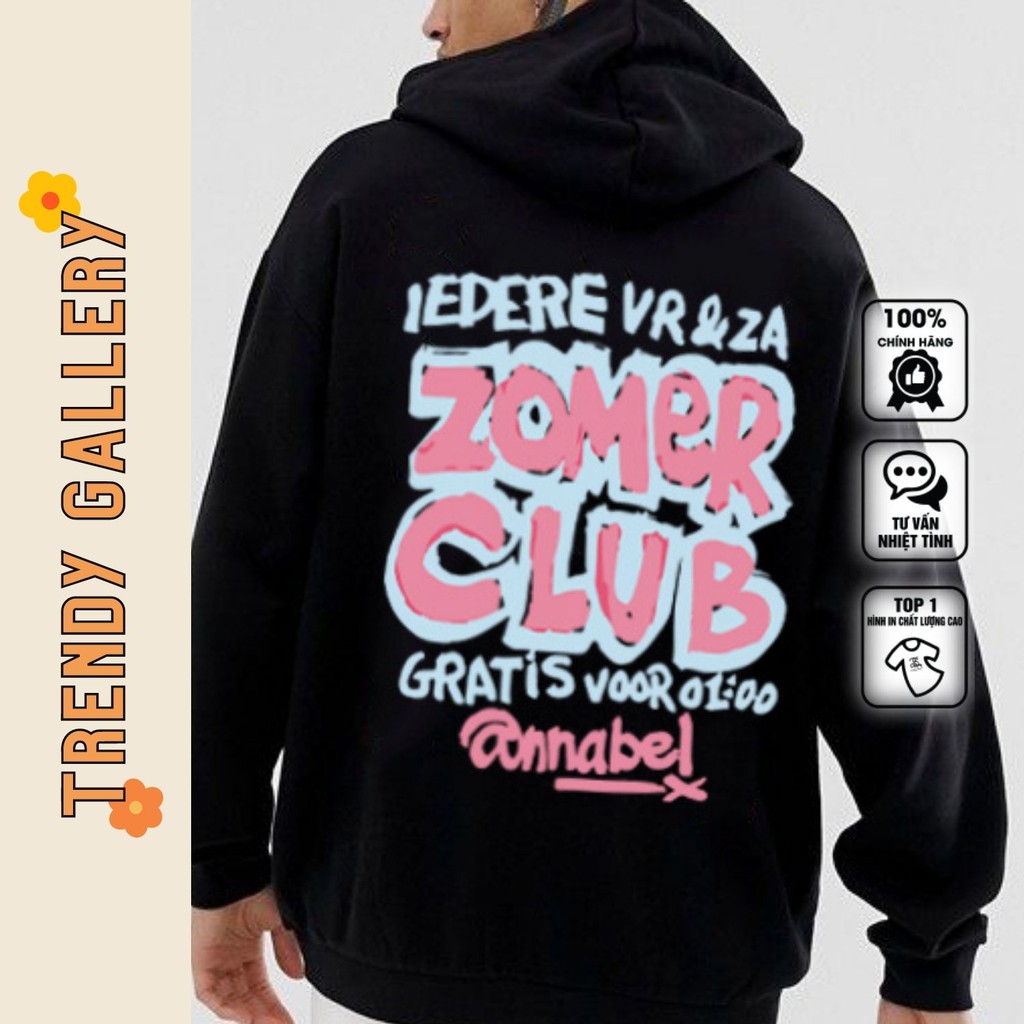 Áo Hoodie Unisex Trắng Đen In Chữ "Zomer Club" Trendy Gallery, Hoodie Form Rộng Nam Nữ Basic TV5057