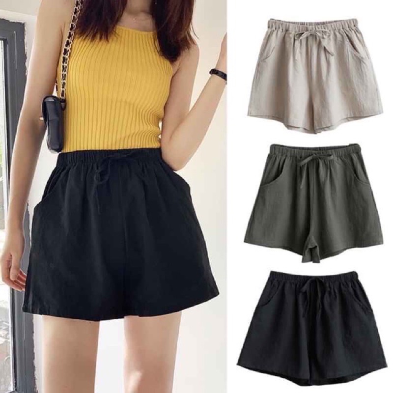 Quần shorts nữ đẹp ống rộng cạp chun chất đũi