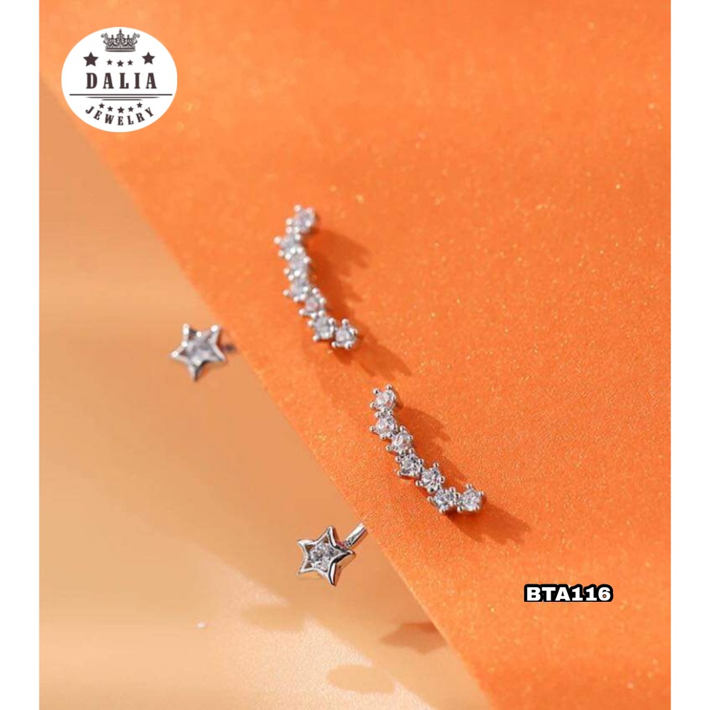 Bông tai bạc nữ vầng trăng treo ngôi sao DaLiA Jewelry khuyên tai chuẩn bạc ý S925