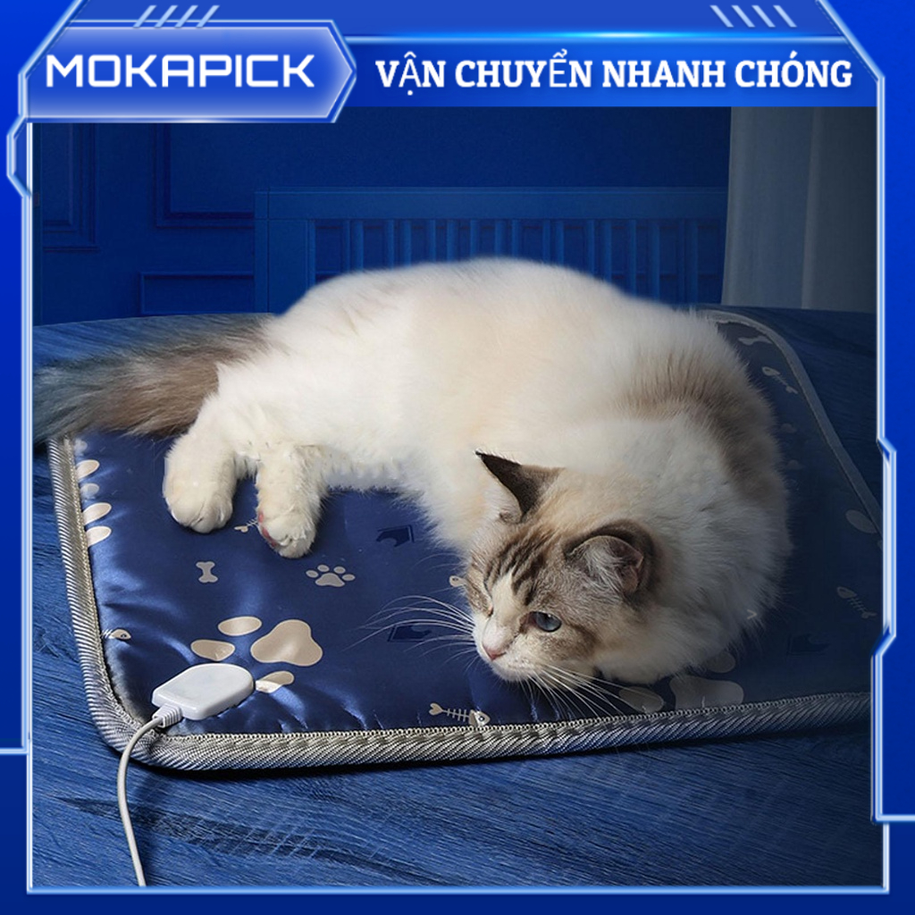Đệm Sưởi Điện Chống Thấm Cho Chó Mèo Tấm Sưởi Thú Cưng 45x70cm Chống Thấm Nước Mềm Mại Thoải Mái 40W Màu Xanh Họa Tiết Dấu Chân Điện Chó Mèo Mokapick