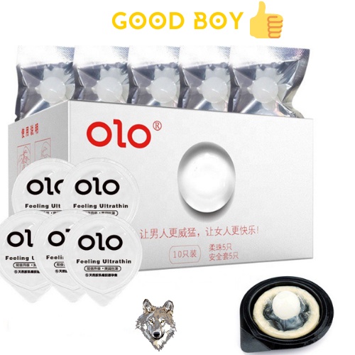 Bao cao su OLO Trắng đầu bi,giúp tăng kích cỡ cậu nhỏ lên 1,5cm,siêu mỏng,nhiều gel bôi trơn tinh chất HA,hộp 5 bcs+5 bi