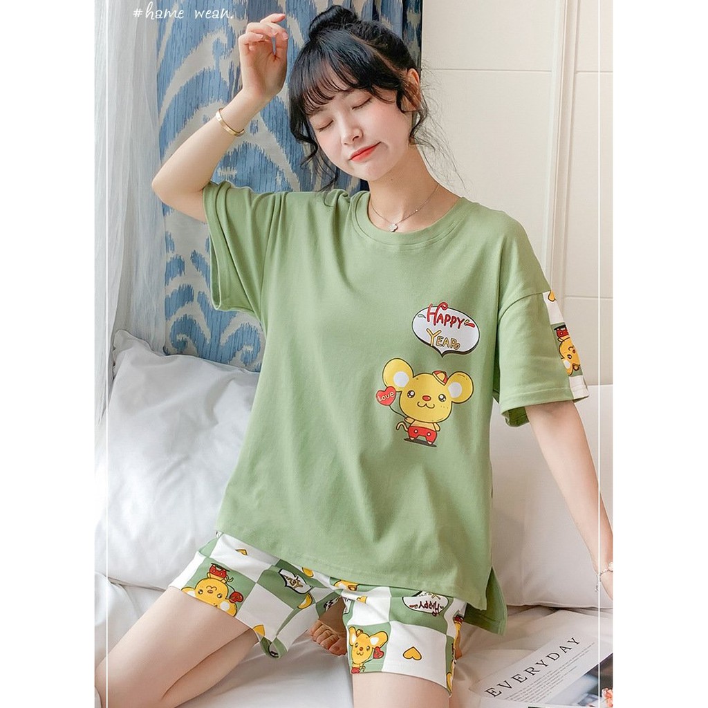 {evacici} Set Bộ Nữ ngủ Hè Cotton 100% siêu má,  Set bộ nữ ở nhà cộc tay icon hoạt hình CON Chuột SIÊU HOT