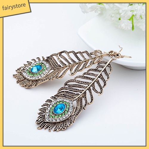 Bông tai hình lông chim công đính đá phong cách cổ điển