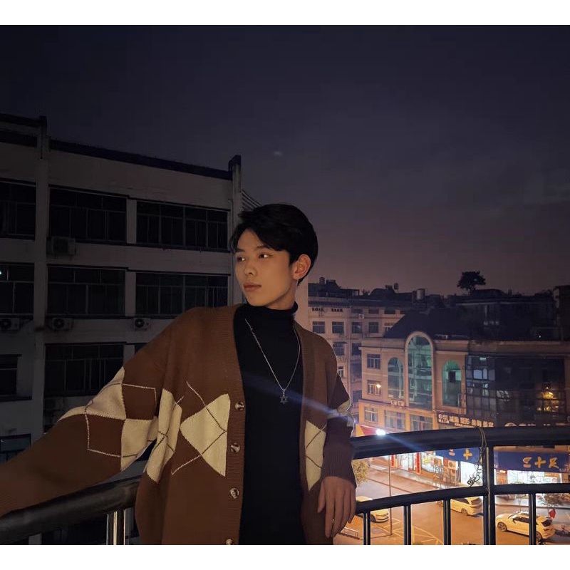 Áo khoác len Cardigan Thu Đông thiết kế MRCYC cho nam màu nâu cổ điển phối kẻ ô