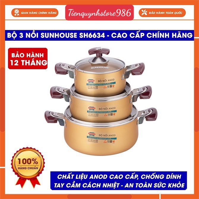 Bộ nồi Anod Sunhouse SH6634 chất liệu nhôm dùng bếp gas bếp hồng ngoại