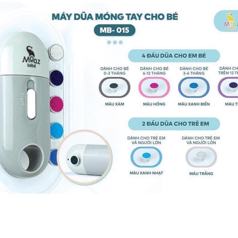 [Bảo Hành 12 Tháng]Máy Dũa Móng Tay MOAZ BEBE MB-015 Với 6 Tấm Mài, Đèn Pin Hỗ Trợ An Toàn Cho Bé.