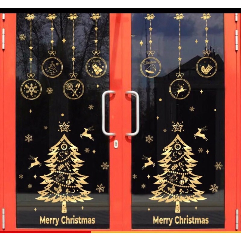 COMBO DECAL NOEL - Cặp Thông phối Rèm dây treo phụ kiện ánh vàng ( 3 tấm )