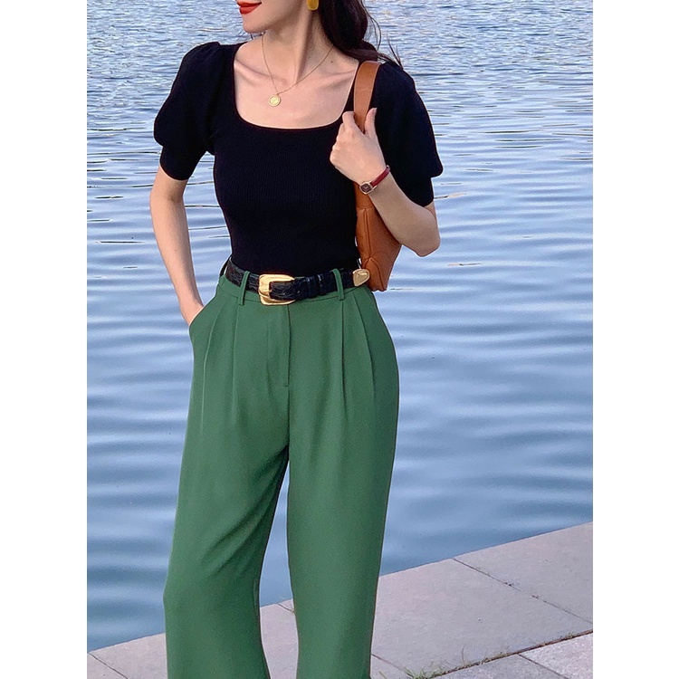 Áo thun bằng vải dệt kim tay ngắn phồng cổ vuông màu sắc cổ điển thời trang mùa hè cho nữ