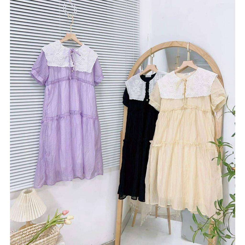 Đầm Bầu Váy Bầu Công Sở Đi Chơi Dự Tiệc Mùa Hè Chất Voan Tơ Cổ Ren Nhiều Tầng Xinh Xắn HD2773 Honey Mommy