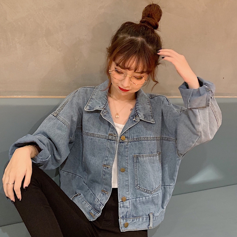 Early Korean blue short loose retro denim jacket for women