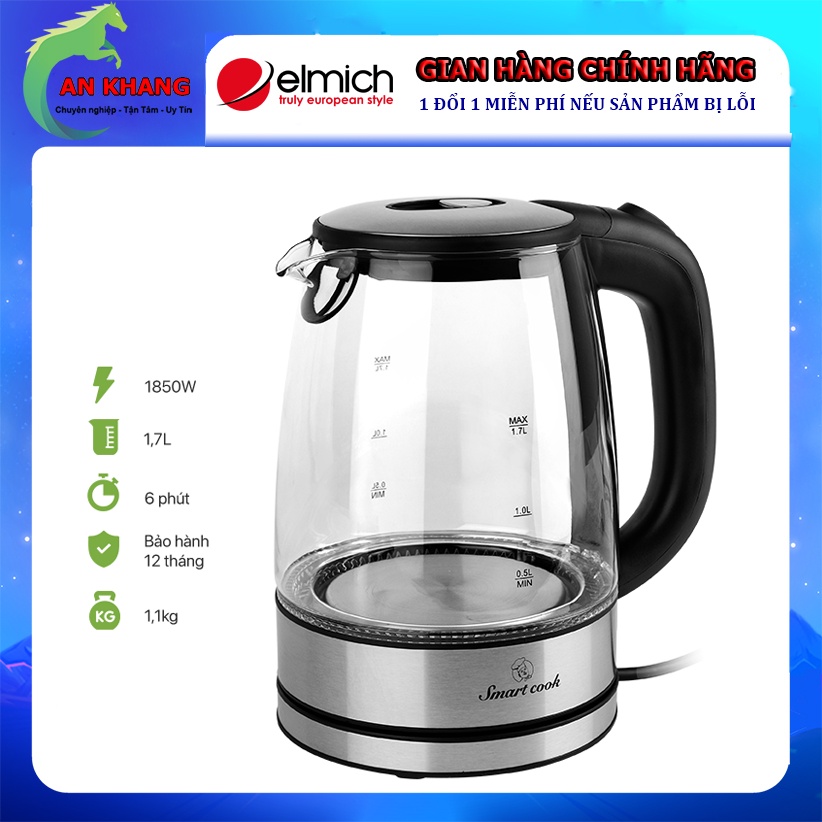 Ấm đun nước thủy tinh siêu tốc 1.7 Lít Smartcook  ICS-3859 - Hàng chính hãng