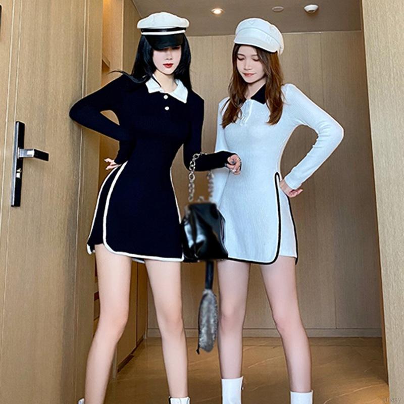 Đầm tay dài dáng ôm thiết kế phối màu theo phong cách hàn quốc