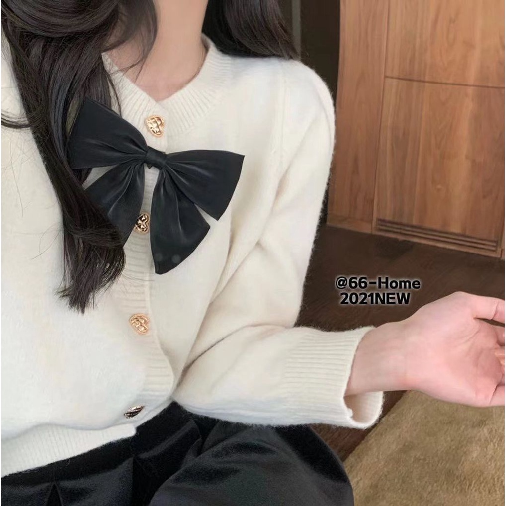 Áo Dệt Kim Thắt Nơ Màu Xanh Dương Tinh Tế Phong Cách Retro Nhẹ Nhàng Mới