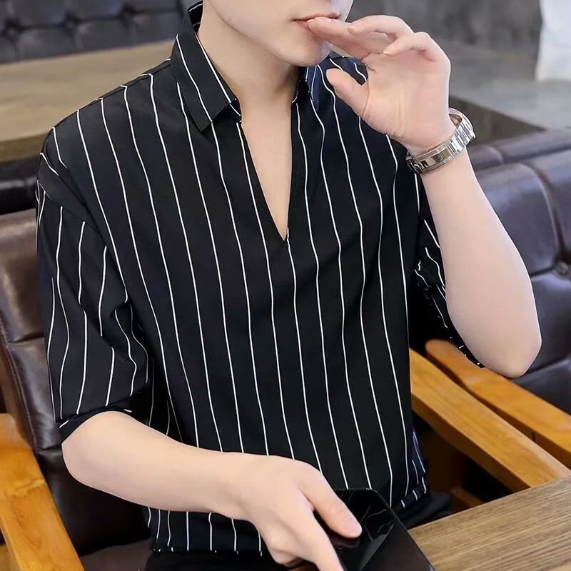 Áo sơ mi tay lửng họa tiết kẻ sọc trắng đen phong cách Hàn Quốc size S-3XL