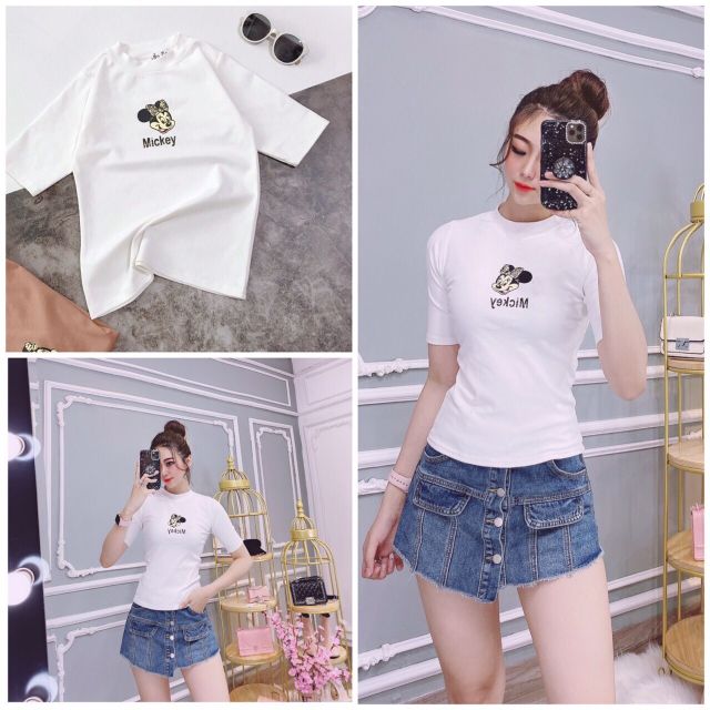 Áo thun bozip Thái tay lỡ in mickey (bao chất đẹp)