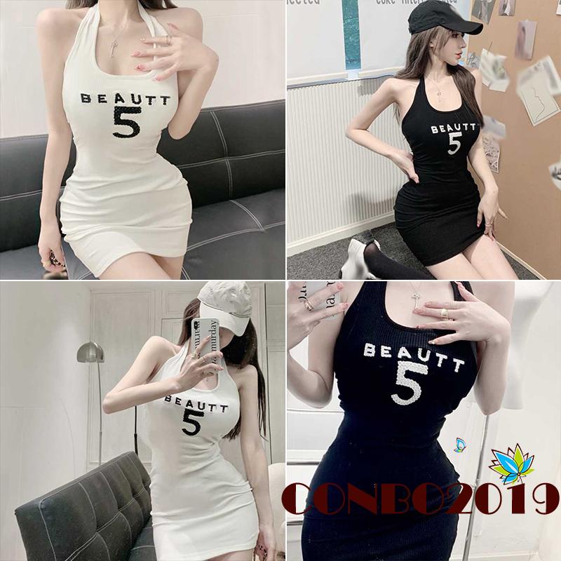 Đầm Ôm Hai Dây Hở Lưng Thêu Chữ Thời Trang Mùa Hè Cho Nữ