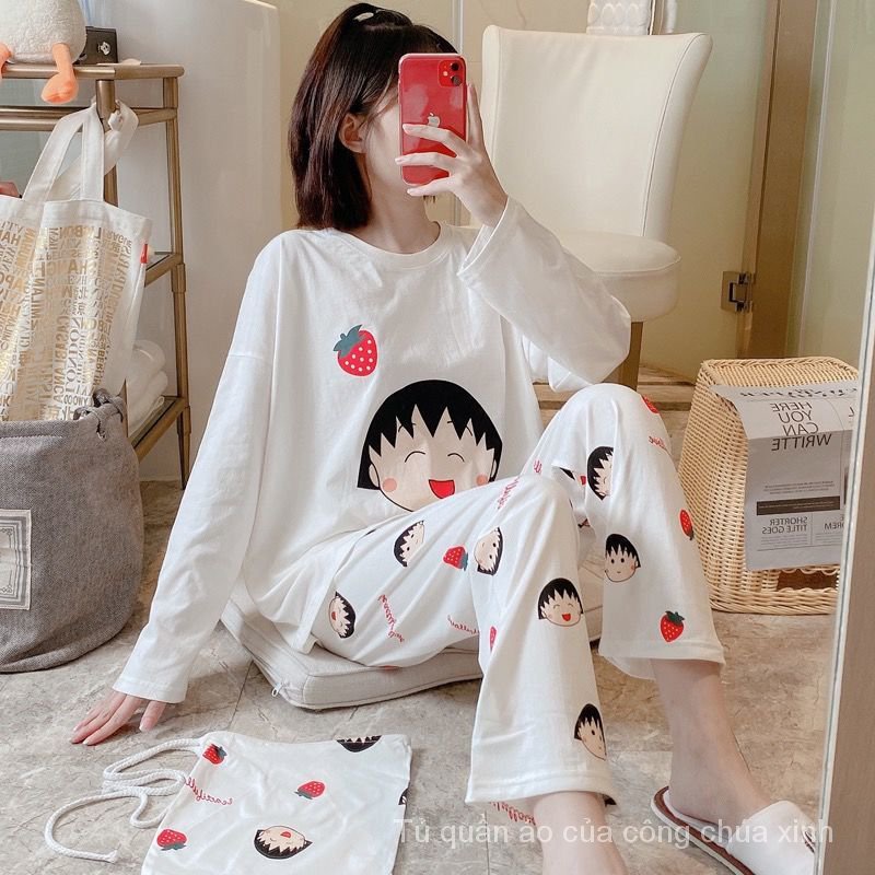 Bộ Đồ Ngủ Tay Dài Form Rộng In Họa Tiết Hoạt Hình Phong Cách Hàn Quốc Cho Nữ