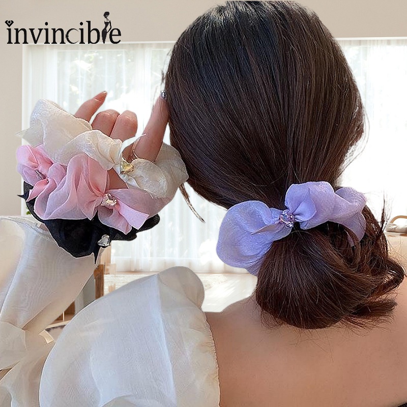 Dây Cột Tóc Vải Lụa Đính Ngọc Trai / Kim Cương Nhân Tạo Hình Trái Tim Phong Cách Hàn Quốc