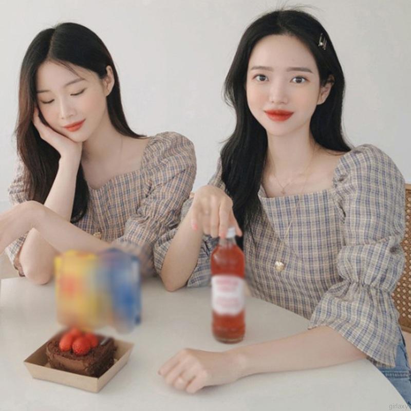 Áo Kiểu Tay Lỡ Cổ Vuông Họa Tiết Sọc Caro Phong Cách Hàn Quốc | BigBuy360 - bigbuy360.vn