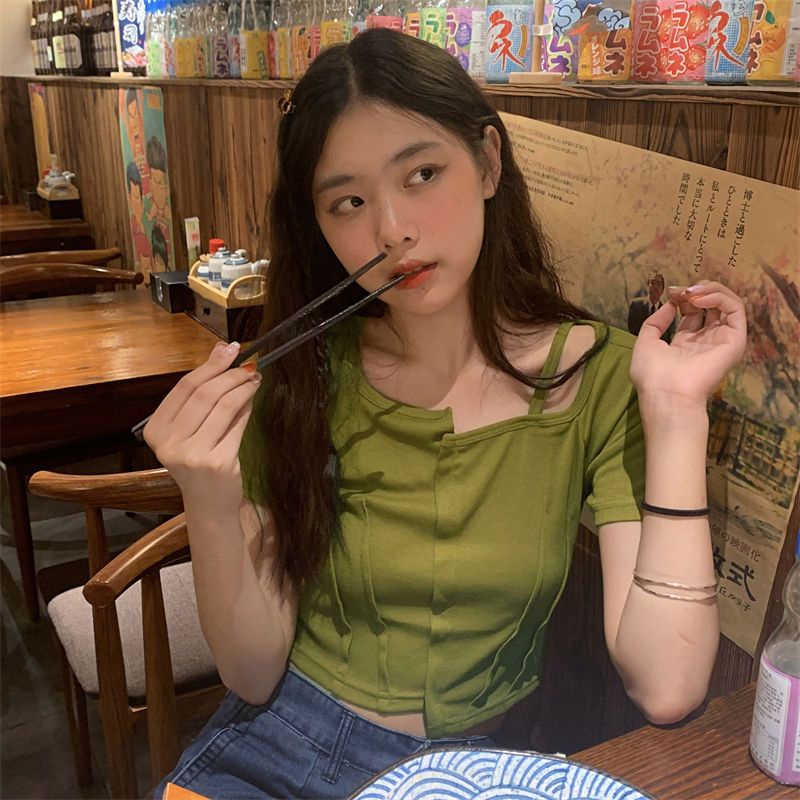 Áo Thun Cotton Tay Ngắn Cổ Vuông Ôm Dáng Thời Trang Dành Cho Nữ