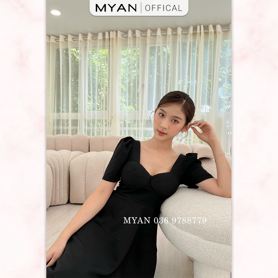 Váy Xòe Dáng Dài MYAN Thiết Kế Cúp Ngực Tay Ngắn Bồng Màu Đen VVN082204