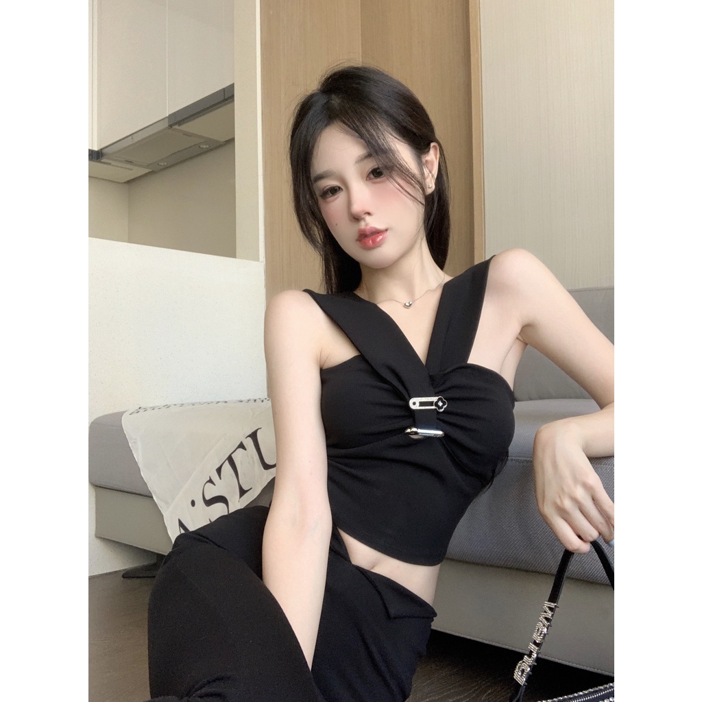 Áo Hai Dây Dáng Ôm Vạt Chéo Phong Cách Pháp Độc Đáo Thời Trang Cho Nữ