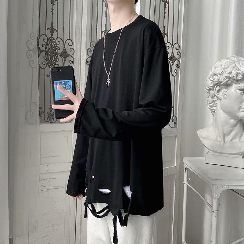 Áo thun tay dài màu trơn phối vết rách phong cách hip hop thời trang dành cho nam