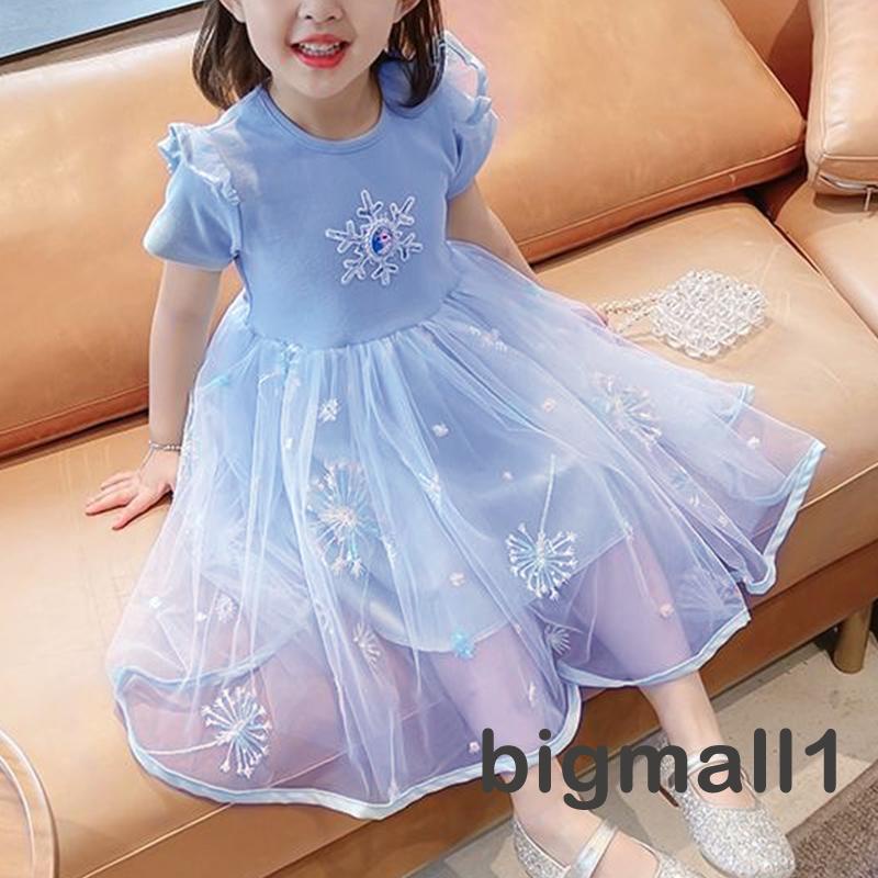 Đầm công chúa tay ngắn phối lưới họa tiết bông tuyết xinh xắn cho bé gái 2-10 tuổi