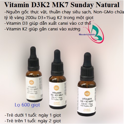 Vitamin D3 K2 Sunday Natural D3 K2 MK7, Đức (20ml dạng giọt) tăng hấp thu canxi vào xương, răng cho trẻ sơ sinh - 4 tuổi