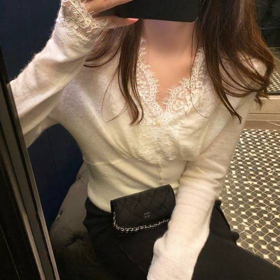 Áo sơ mi dài tay cổ chữ V phối ren thời trang dành cho nữ