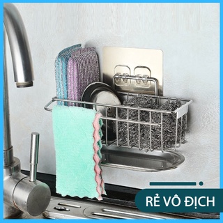 Kệ Inox 304 Để Đồ Rửa Bát Dán Tường Kèm Khay Hứng Nước, Móc Treo Khăn Tiện Dụng