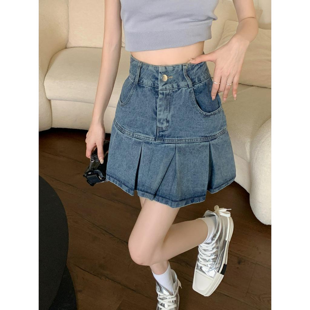 Lalisas Chân váy jean Ngắn Xếp Ly Dáng Chữ A Phong Cách retro Cao Cấp Cho Nữ