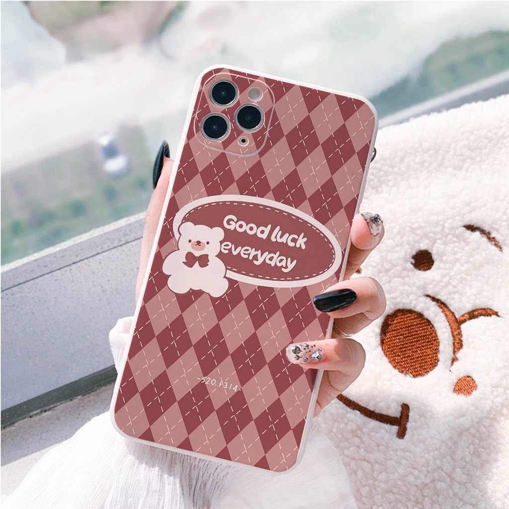 Ốp lưng iphone gấu bông trắng ốp iphone caro vuông cạnh Good luck 6plus/7plus/8/8plus/x/xs/11/12/pro/plus/promax e200