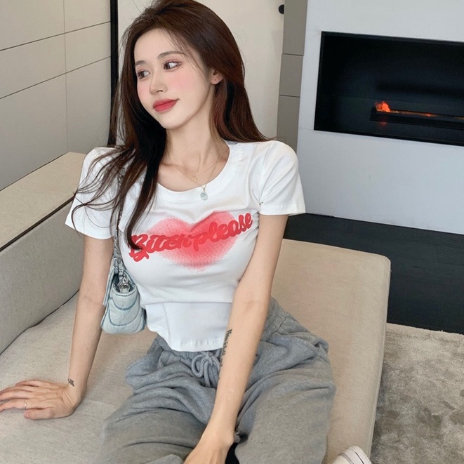 WANG JIAO ZHAN Áo croptop thun tay ngắn có in chữ thời trang cho nữ