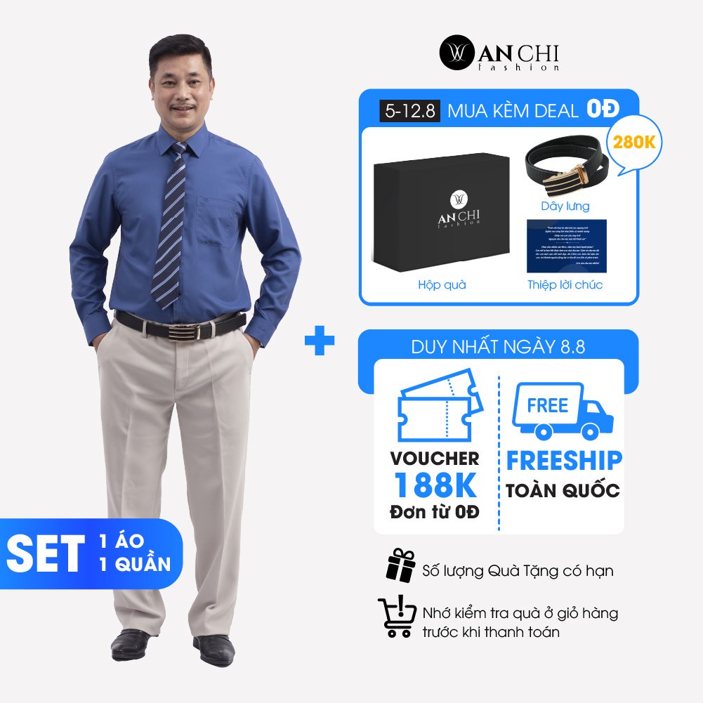 Combo Áo Sơ Mi Nam Classic Dài Tay Xanh Than Và Quần Âu Màu Kem Trung Niên ANCHI Cao Cấp