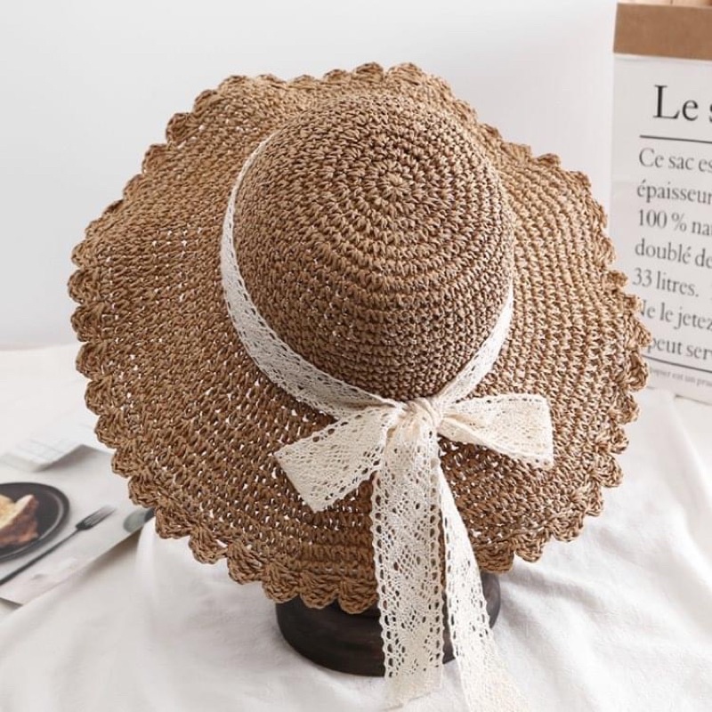 Túi cói thưa mini + Nón cói tiểu thư viền nơ ren dễ thương đi biển, chụp ảnh - Tiệm Cói Cô Lê