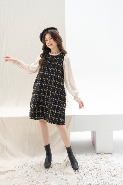 Váy Dạ Tweed Phối Tay Vải Lụa Be Phom Suông Dễ Mặc | BigBuy360 - bigbuy360.vn