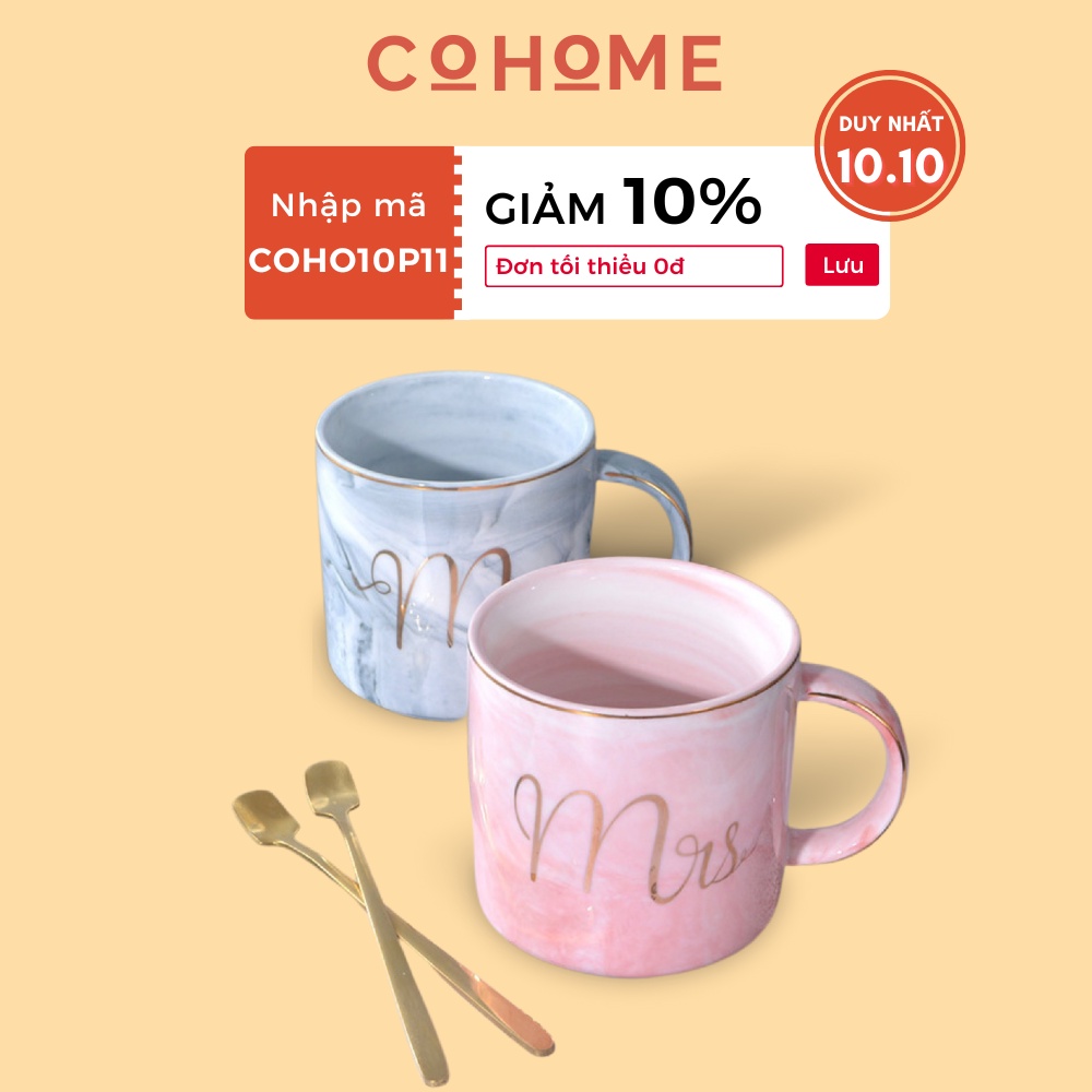 Ly cốc sứ cặp đôi 360ml quà tặng ý nghĩa, cốc uống nước kèm thìa cao cấp