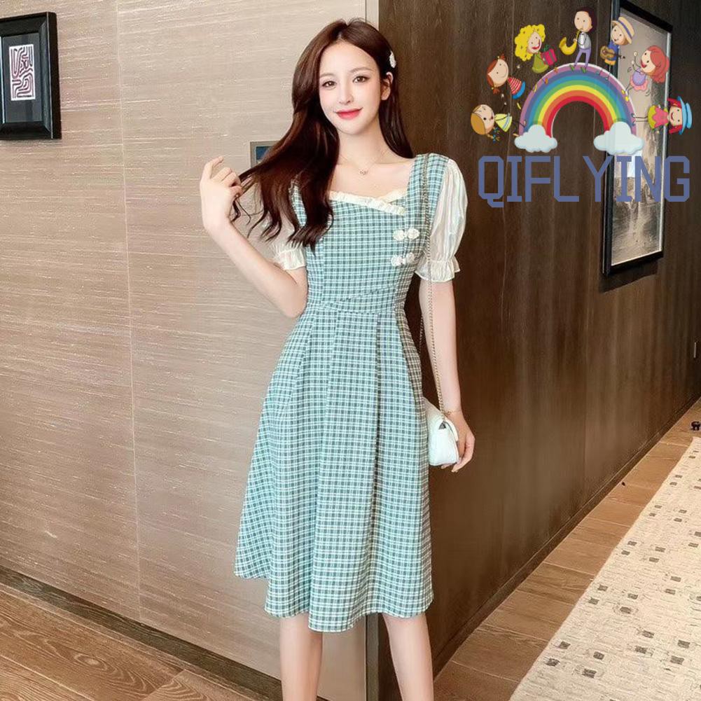 Đầm Nữ Tay Ngắn Cổ Vuông Họa Tiết Caro Thời Trang