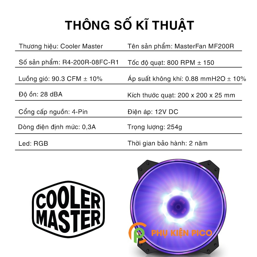 Quạt tản nhiệt case máy tính Cooler Master MF200R RGB 20CM - Coolermaster MasterFan MF200R - Fan case 20cm