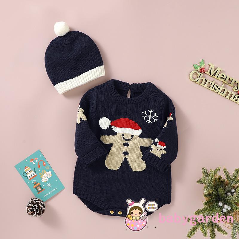 Set Đồ Giáng Sinh 2 Món Gồm Áo Liền Quần + Mũ beanie Dài Tay Cổ Tròn Cho Bé 0-18 Tháng Tuổi
